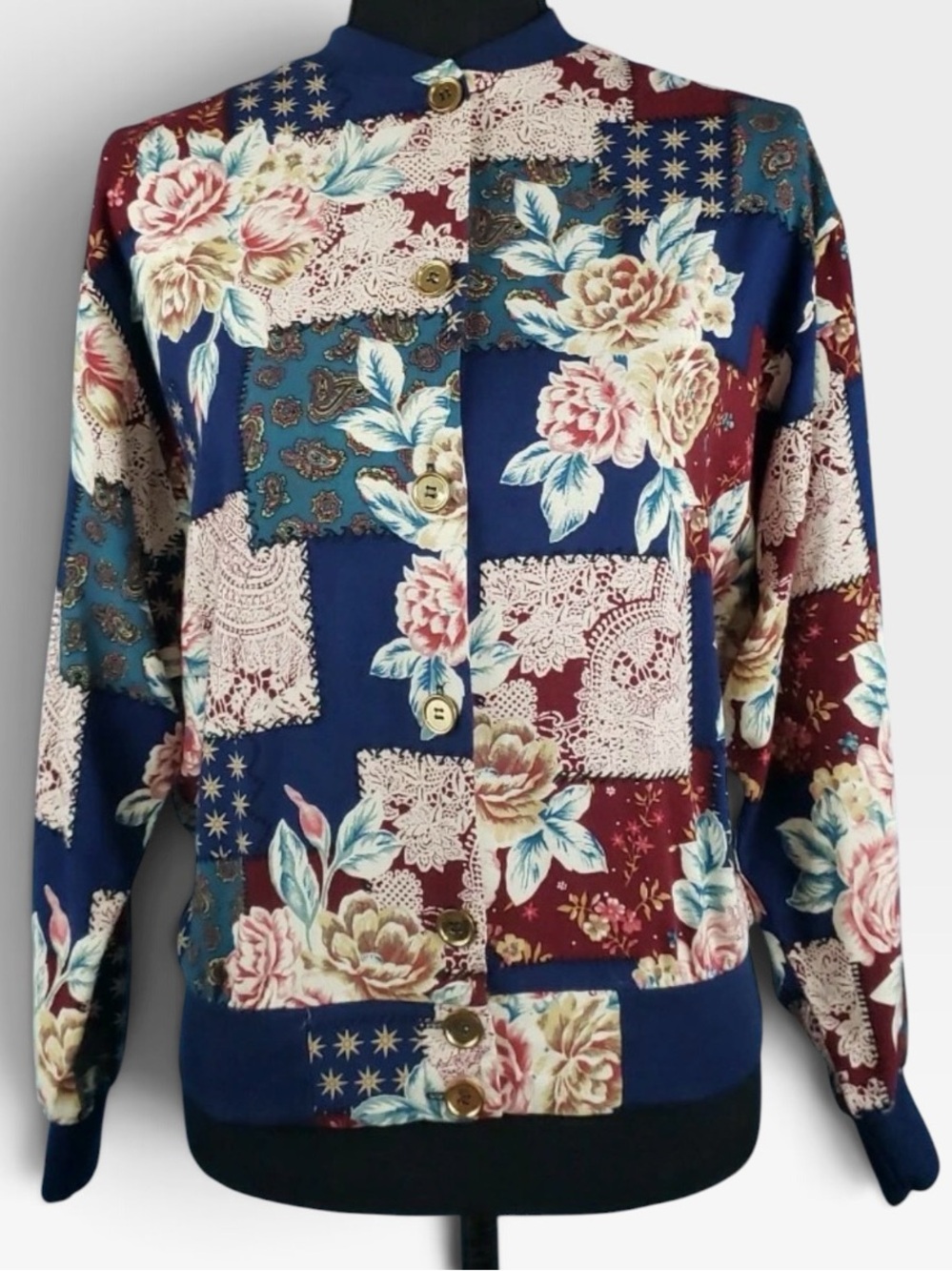 Southern Lady Floral Patchwork Bomber Jacket - Navy & Burgundy